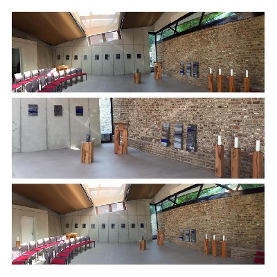 OMEGA BLUE, DAUERINSTALLATION seit 2017, Emmauskapelle Düren: Für diese Trauerhalle habe ich Bleiobjekte z.T. in Blau gestaltet. Blau als Farbe der Treue hat mit Blau als Farbe der Ferne zu tun. To feel blue steht im Englischen für den Zustand von Trauer. Für mich symbolisiert Blau dabei immer bleibende Hoffnung. Dazu wurden im Raum biblische BLEIBE-Sprüche angebracht.